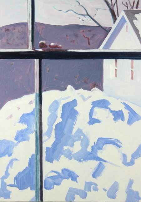 Painting of a view looking out an interior window at a white building and landscape