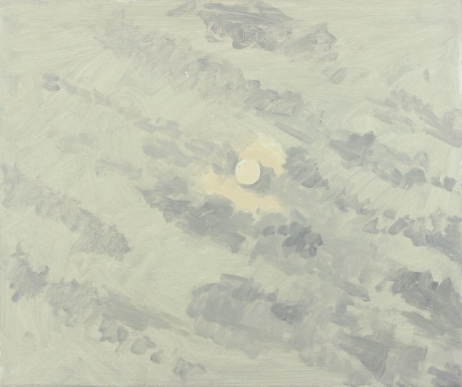 Painting of a full moon in a cloudy light grey sky