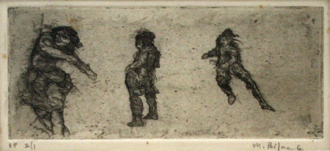 Marvin Bileck,&amp;nbsp;Three Figures in a Long Space, n.d., etching and engraving, 3 3/8 x 7 7/8 inches