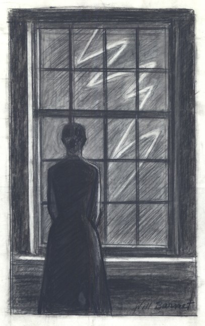 Charcoal drawing of a woman with her back to the viewer, looking out a window at a bolt of lightning
