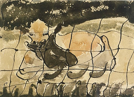Chewing Cow, 1937, watercolor on paper, 5 x 7 inches