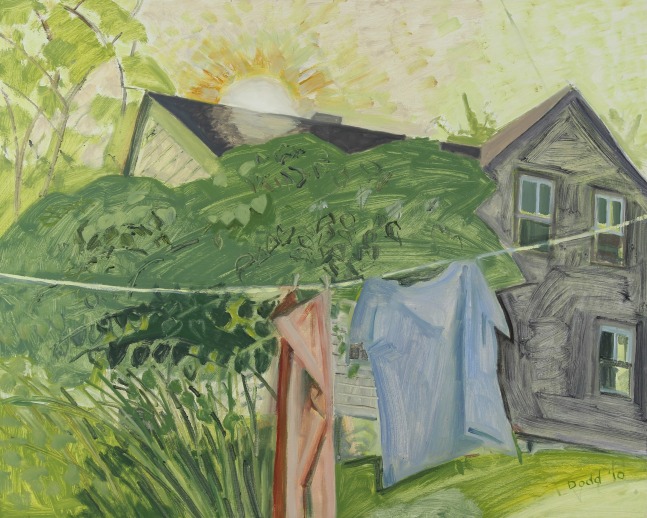 Painting of a grey building in a green landscape, with two items of clothing hanging on a laundry line in the foreground