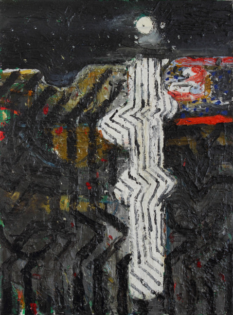Abstract landscape painting with a white moon in a black sky, and black lines zig-zagging over a grey,  yellow, red and white abstracted land mass below