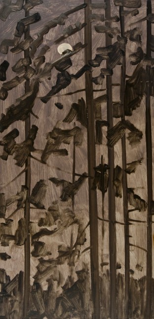 Nocturnal painting of the moon behind a group of tall trees