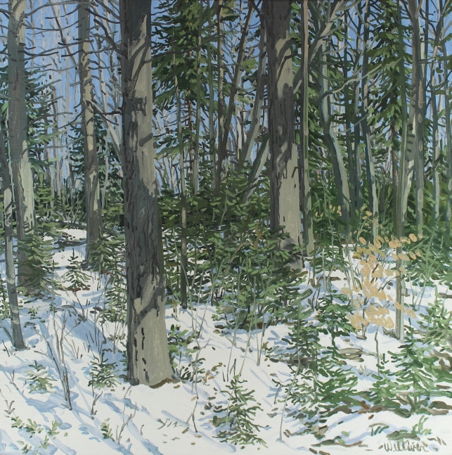 Landscape painting of a spruce forest in the snow