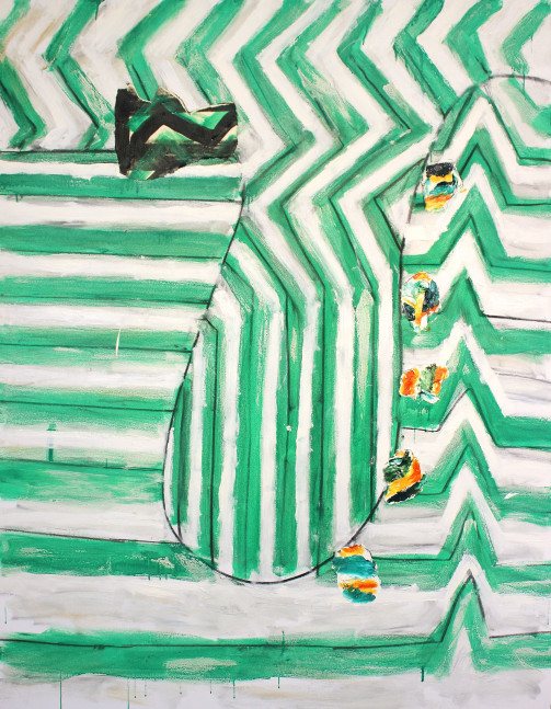 Abstract painting consisting of lines and forms in green, white, black, orange and yellow