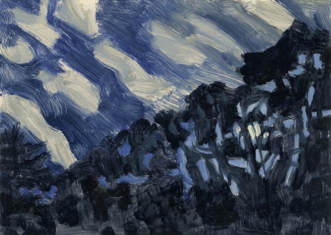 Moon thru Trees with Diagonal Clouds, 2014, oil on aluminum flashing, 5 x 7 inches