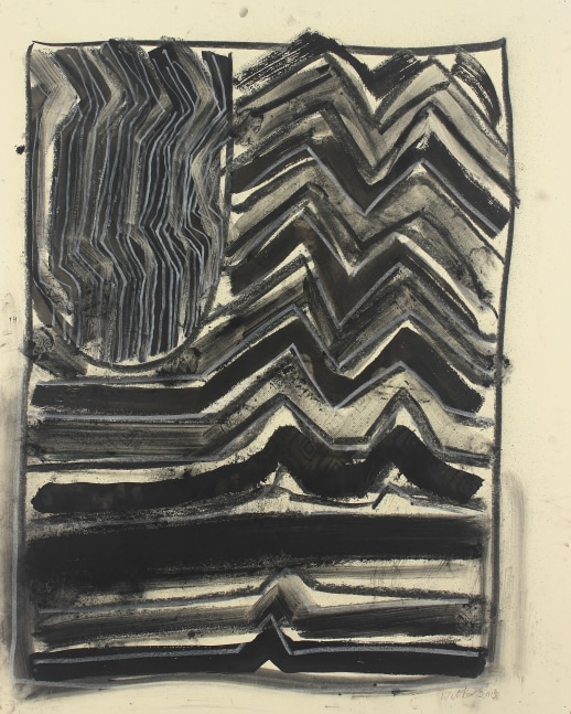 Abstract drawing on paper consisting of an arrangement of zig-zagging and curving black lines