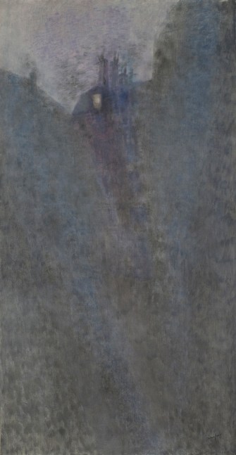 Painting of a nocturnal landscape with a building with one lighted window in the background, set behind tall trees