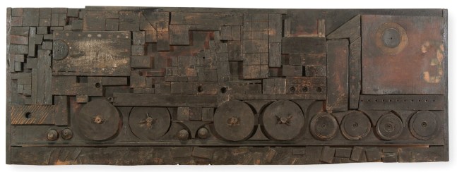 Wall-hanging sculpture of a train constructed from various pieces of wood