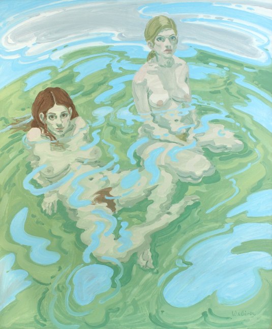 Painting of two nude figures partially submerged in a body of water, with a blue sky and white clouds reflected in the water