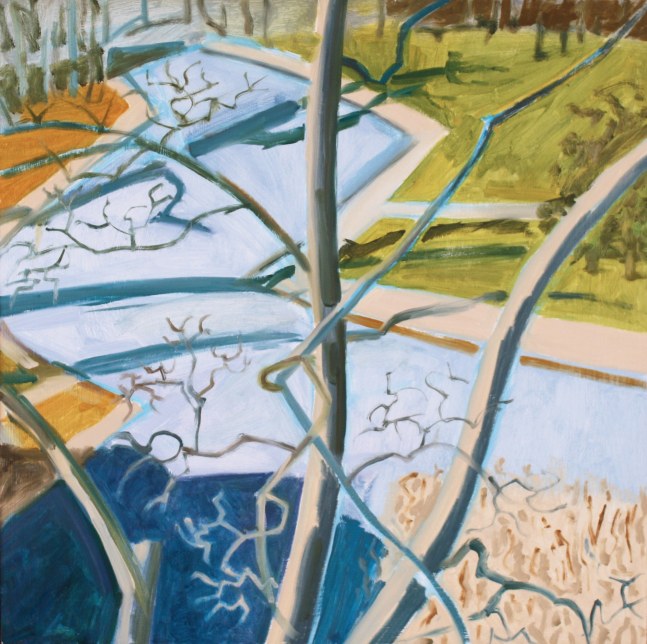 Painting of a road surrounded by green and orange landscape, with a grey tree in the foreground