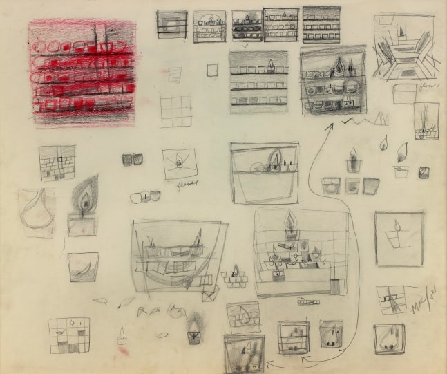 A page with multiple graphite drawings shelves containing a collection of votive candles in various arrangements