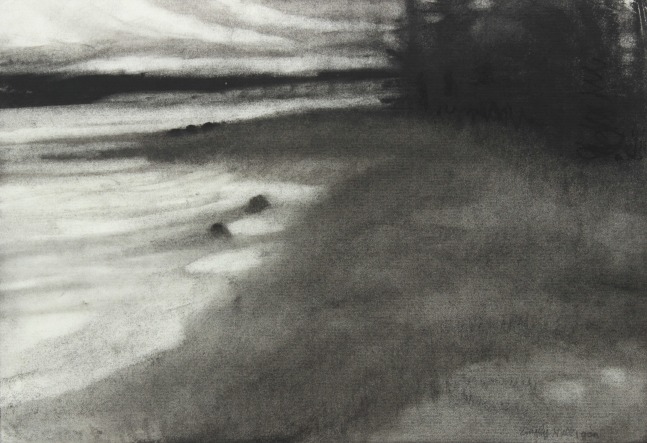 Charcoal landscape drawing of the shore meeting the sea, with  trees in the background