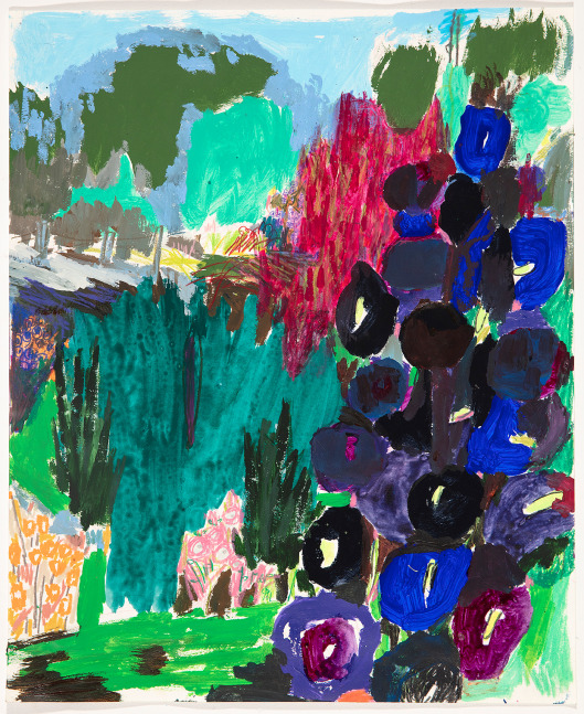 Black Hollyhocks and, 2024, colored pencil and watercolor on paper, 17 x 14 inches