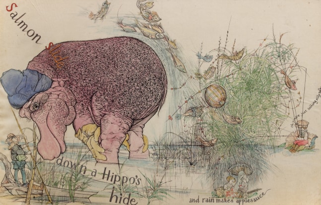 Drawing for a book illustration, of a giant hippo bending over a body of water, with fish sliding down its back and into the water and text that reads &quot;Salmon slide down a Hippo's hide and rain makes applesauce.&quot;