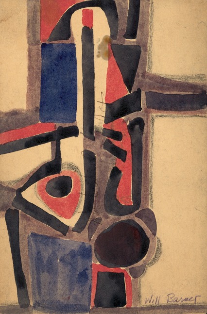 Abstract painting on paper consisting of geometric forms in black, mauve, pink and blue over a tan ground