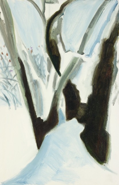 Painting of a dark tree behind a mound of snow, surrounded by a snow-covered landscape