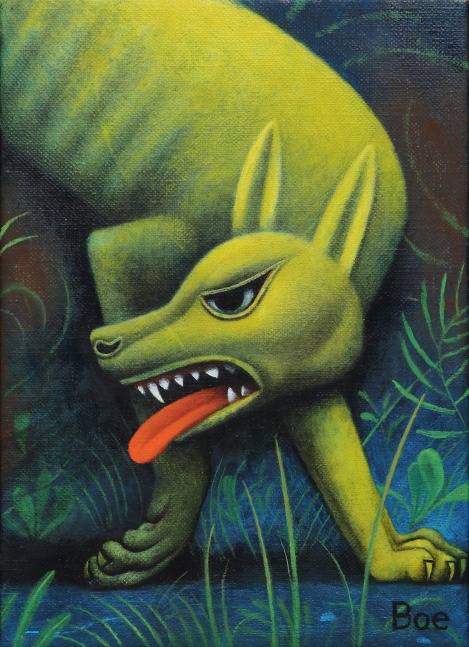 Painting of a yellow dog-like creature with it's tongue out and teeth showing in an angry expression, with grass and plants on a blue ground behind