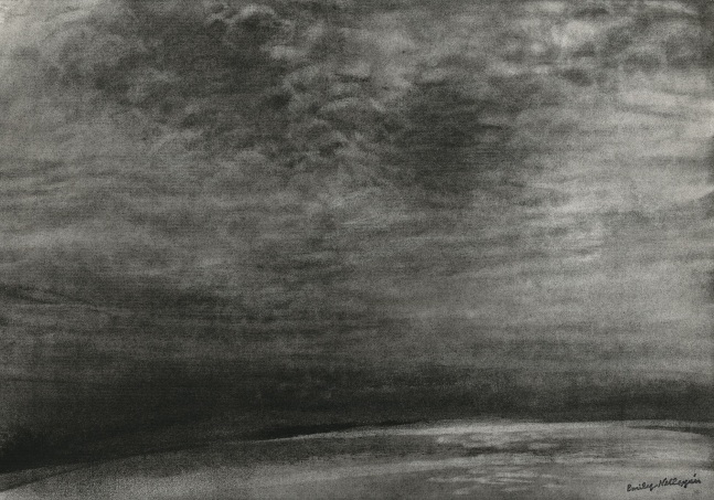 Charcoal landscape drawing of a sky filled with irregular clouds over the water