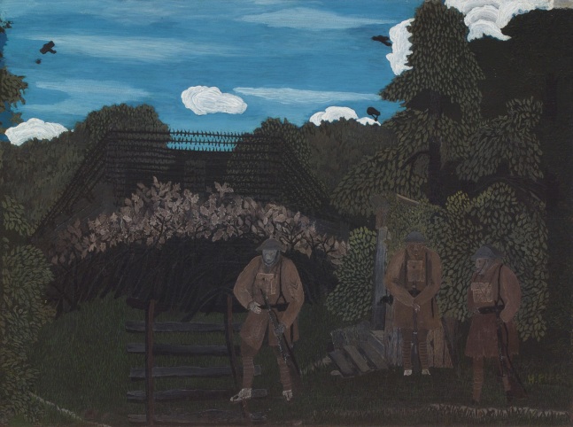 Painting of three figures in an outdoor scene
