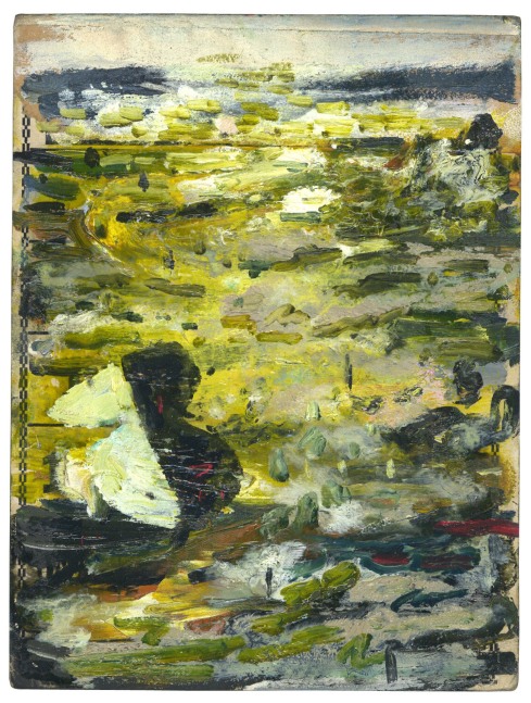Abstract painting of the sea and sky in yellow, green and grey