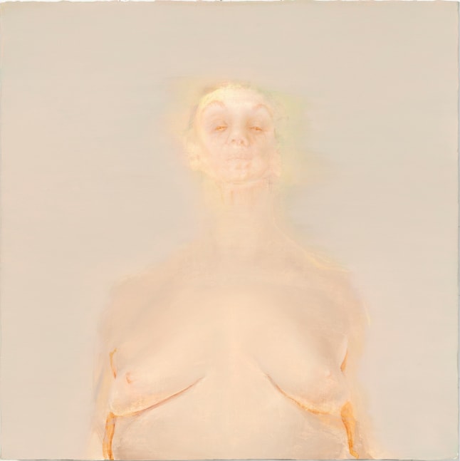 Painting of a nude figure standing against an atmospheric grey-pink background