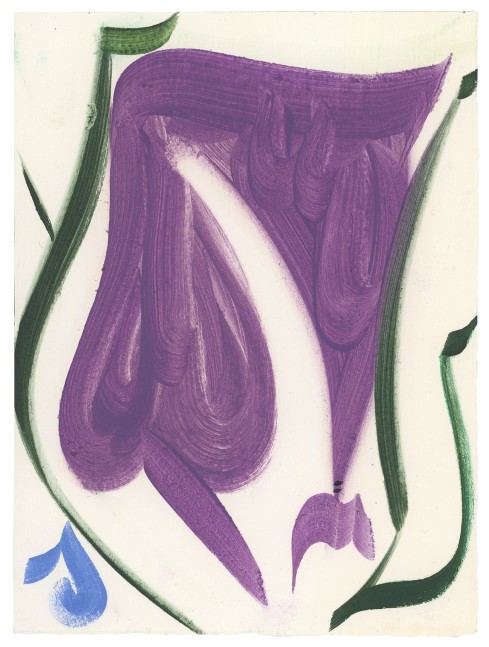 Abstract painting with a purple, green and blue organic forms on an off-white background