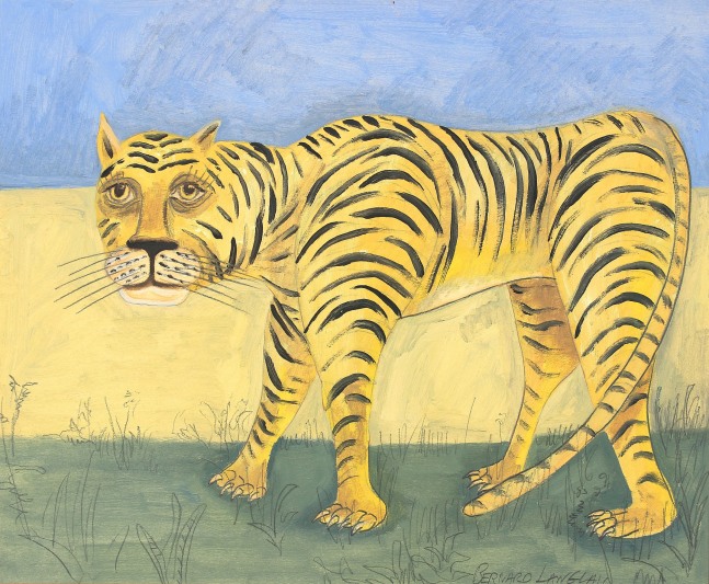 Painting on paper of a tiger standing in a field with a blue sky in the background