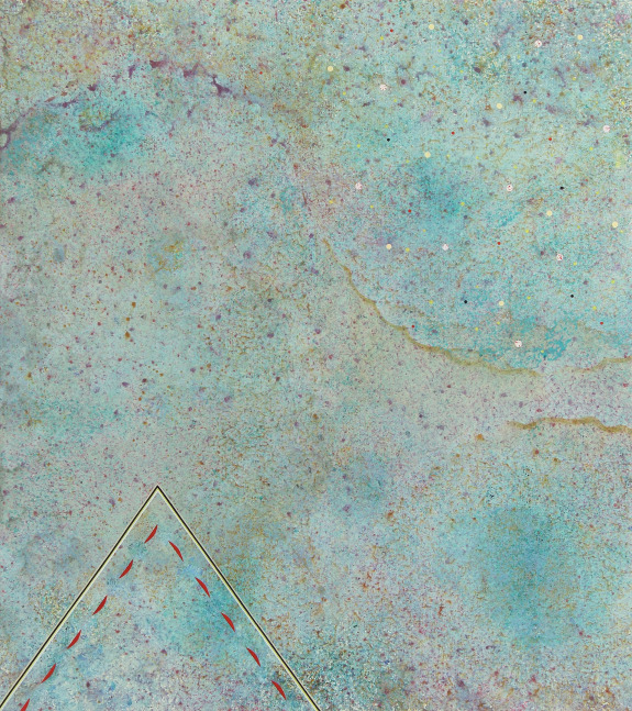 Textured, atmospheric abstract painting with of washes of tan over washes of blue-green, and the outline of a triangle in the bottom left corner