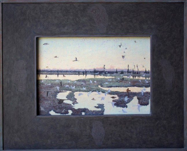Painting of a marsh landscape, with numerous birds flying tot he left side of the canvas
