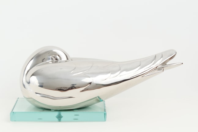 Sleeping Gull, 1920-1924, cast 2016, nickel-plated bronze, 5 x 12 inches on a single-tiered glass base, 2/12