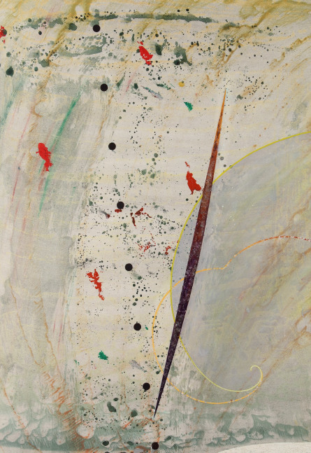 Abstract painting with lines and shapes arranged on a textured off-white surface with washes of green, grey and yellow