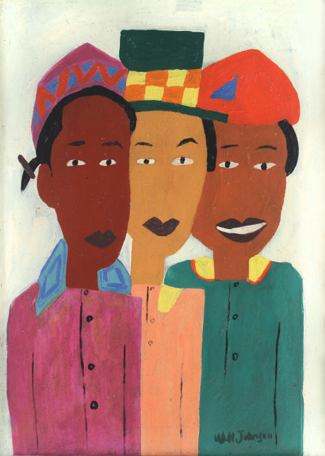 Painting of three abstracted figures