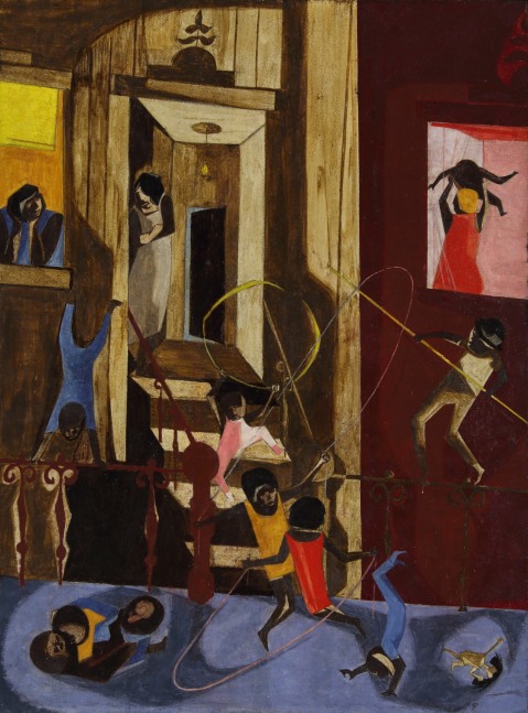 Painting of a city stoop, with three figures looking out the door and windows and a group of children playing, dancing, and wrestling down the stairs and onto the street