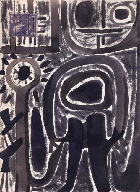 Abstract painting on paper consisting of geometric black forms on a white surface