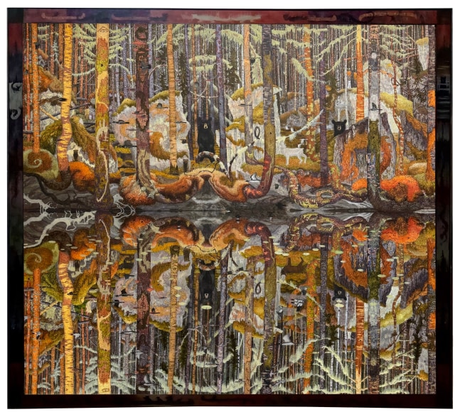 Tom Uttech, Ojichaagebiishin, 2024, oil on linen, 91 x 103 inches, including artist&amp;#39;s hand painted frame
