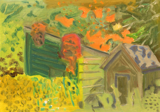 Painting of an abstracted landscape with two small buildings