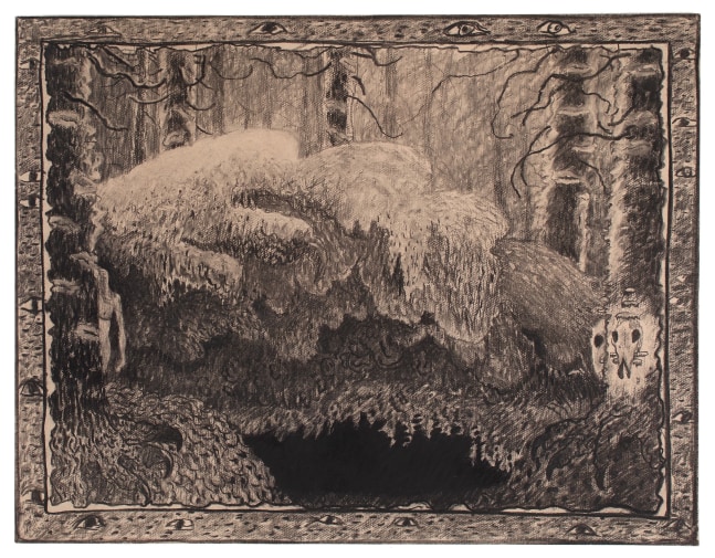 Charcoal drawing of a surreal forest scene with a figure peeking out from behind a tree on the left and a skull in the trunk of a tree on the right