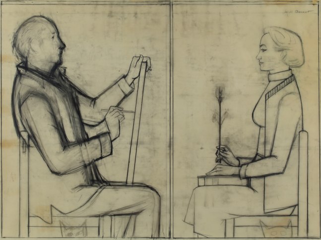 Drawing with one figure sketching another figure seated across from him