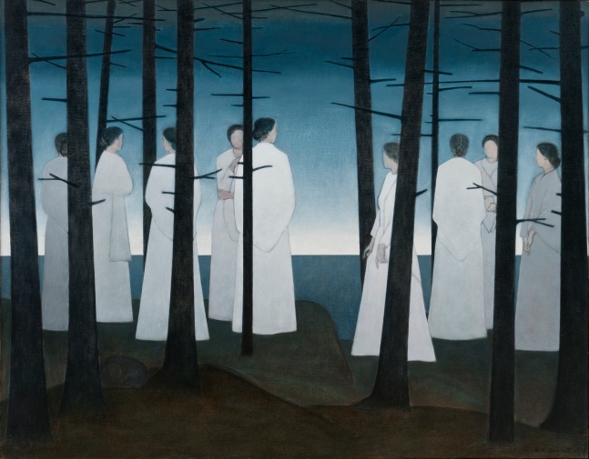 Painting of a group of women dressed in white standing in a dark forest overlooking a seascape