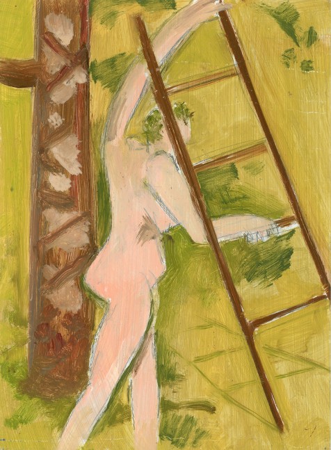 Painting of a nude figure carrying a ladder, with a tree and grass in the background