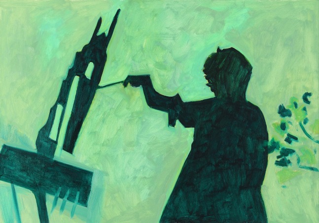 Painting of the cast shadow on the grass of a figure painting on an easel