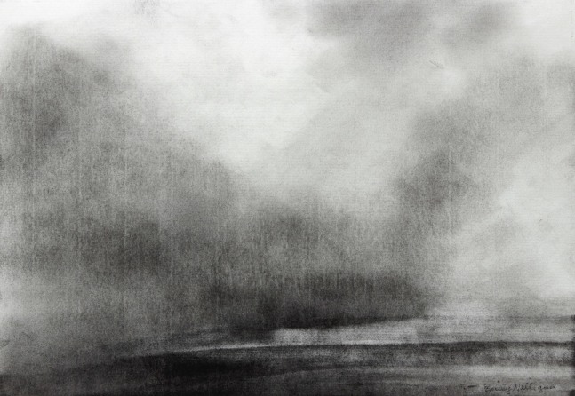 Charcoal landscape drawing of a hazy, cloud-filled sky over a dark sea