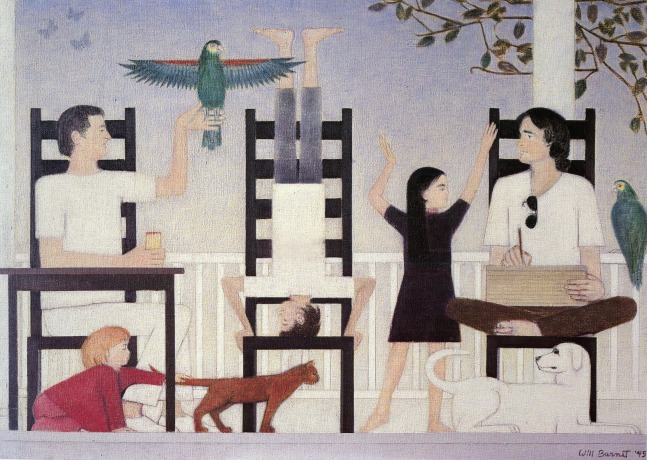 Painting of an interior scene, with two mean seated respectively on the left and right of the canvas, a boy standing on his head in the middle chair, and two other children playing with a cat and dog on the ground; the man on the left has a parrot perched on his hand, and the man on the right is drawing on a pad of paper