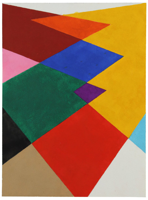 Geometric abstract painting with interlocking shapes in red, orange, green, yellow, tan, pink, purple, blue, and black