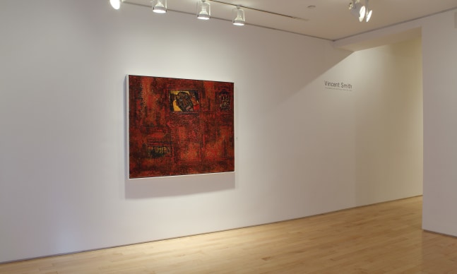 Photograph showing a view of an exhibition space, with one painting hung on a white wall