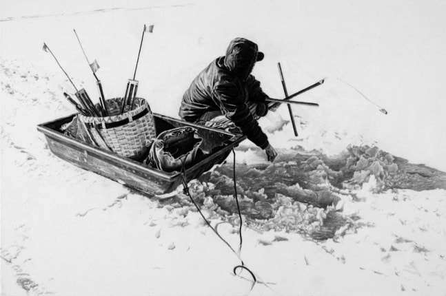 Realistic graphite drawing of a figure crouching on a slab of ice with a sled filled with fishing equipment beside them