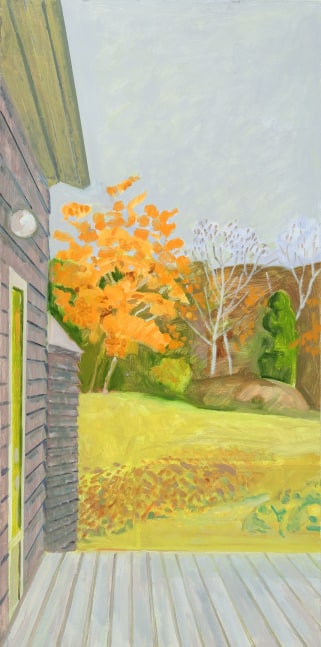 Painting of the side of a building and deck looking out onto an autumn landscape