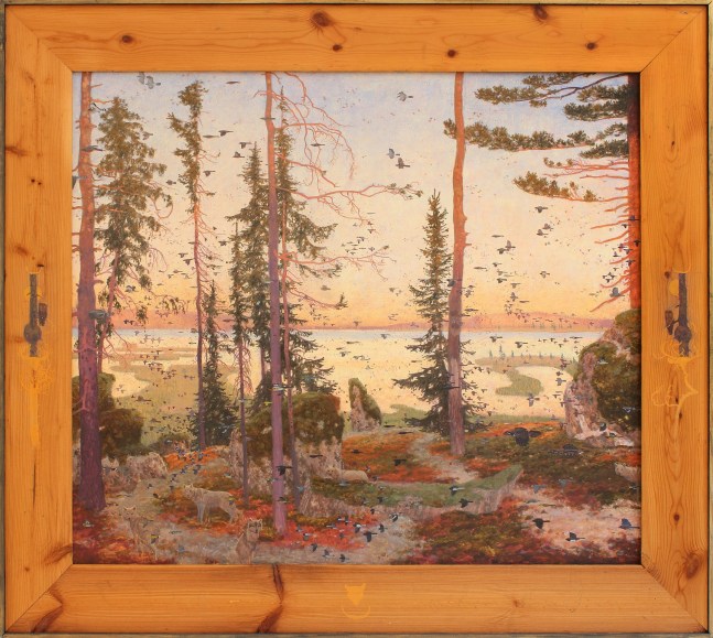 Painting of a surreal forest landscape populated by a menagerie of birds and forest creatures